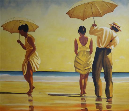 After Jack Vettriano, oil on canvas, Mad Dogs (figures on a beach), 86 x 101cm